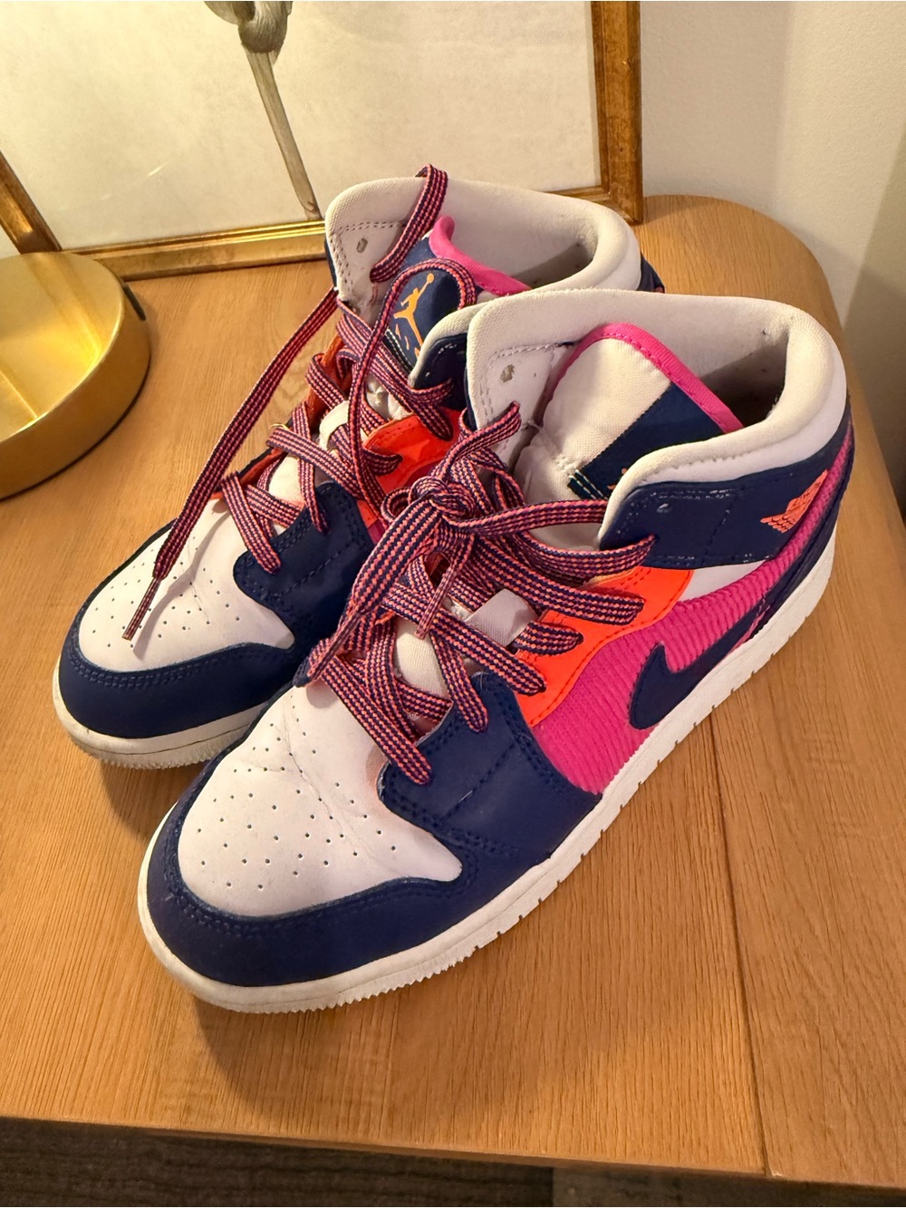 NIKE Kids High-Top Athletic Sneakers in Navy, Pink & Orange